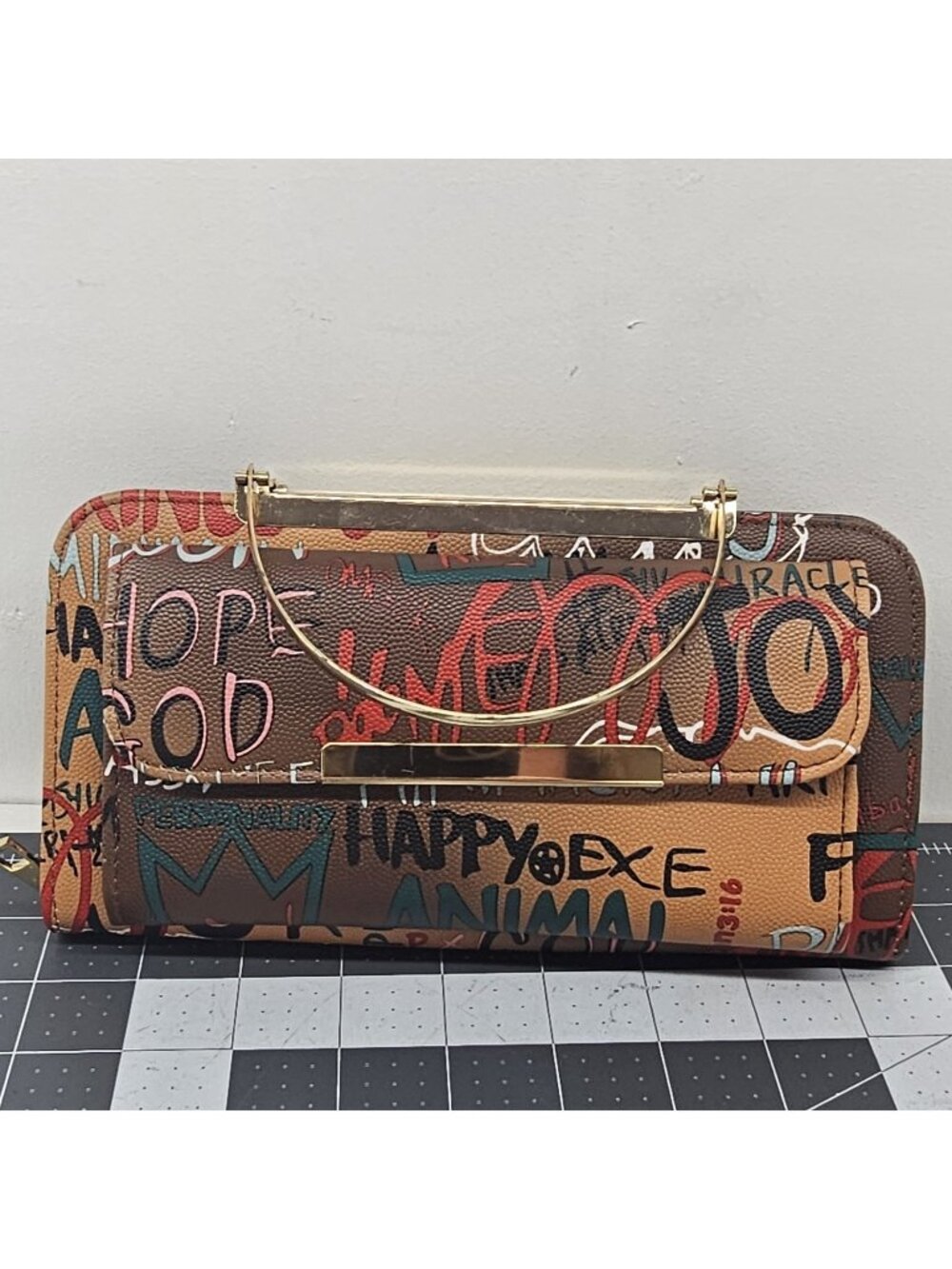 ALBA Graffiti Print Top Handle Clutch Purse Zip Around Organizer Wallet Tan...